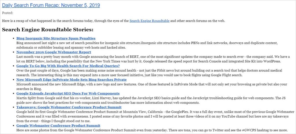 Captura de la newsletter de Search Engine Roundtable